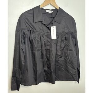 NEW Harshman Marte Black Blouse Long Sleeve 100% Cotton Front Pleats Size Medium